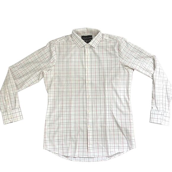 Mizzen Main Men's Large Trim Fit Stretch White Tartan Plaid Button Front Shirt - Picture 3 of 8